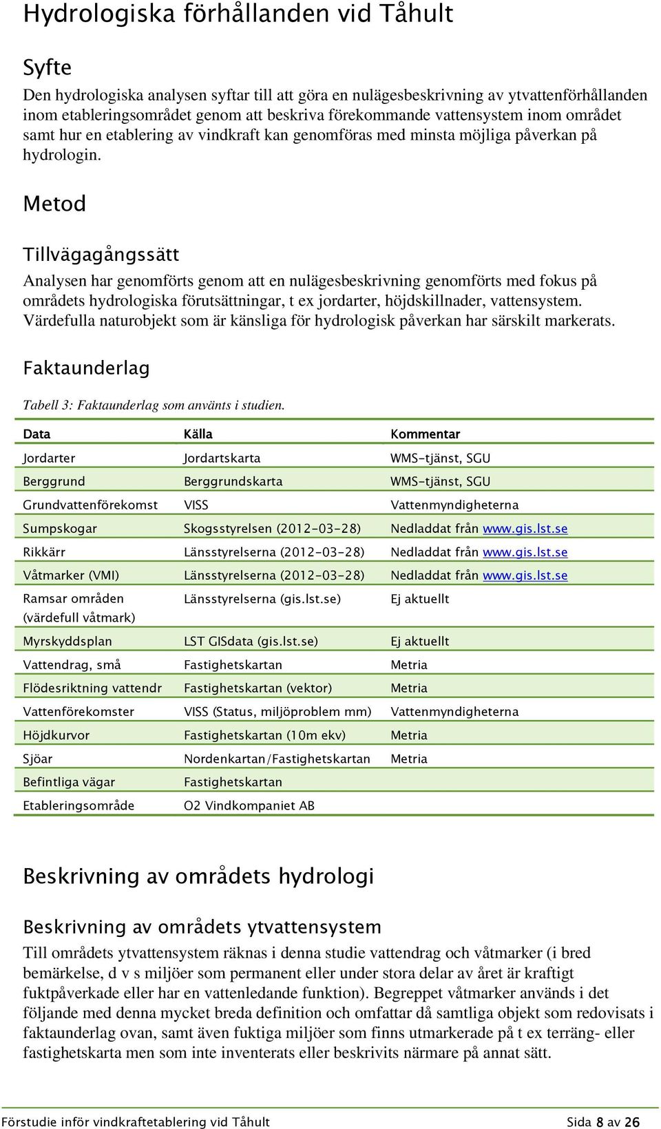Metod Tillvägagångssätt Analysen har genomförts genom att en nulägesbeskrivning genomförts med fokus på områdets hydrologiska förutsättningar, t ex jordarter, höjdskillnader, vattensystem.