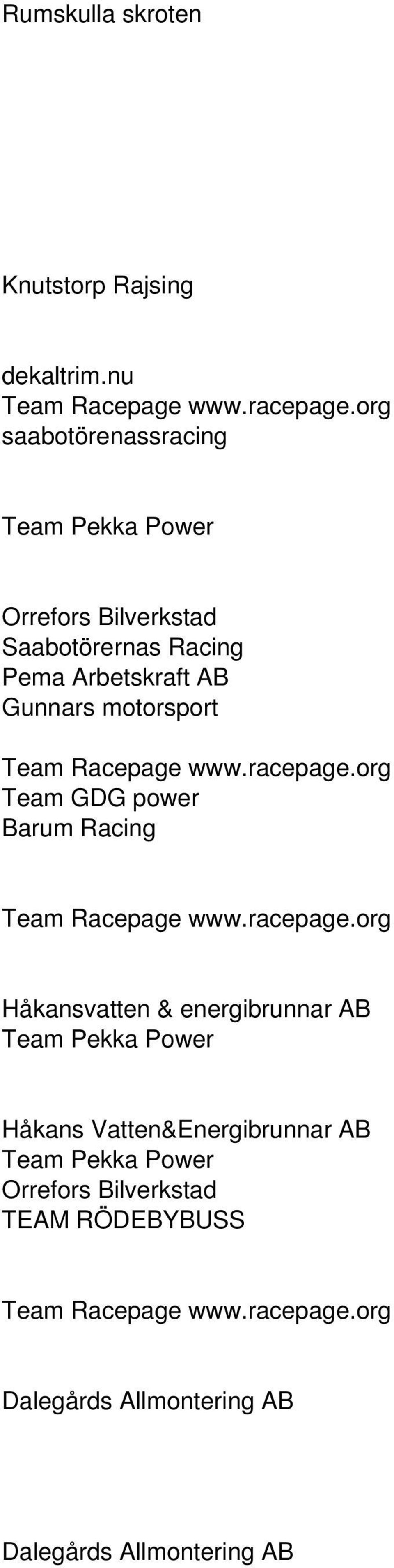 AB Gunnars motorsport Team GDG power Barum Racing Håkansvatten & energibrunnar AB