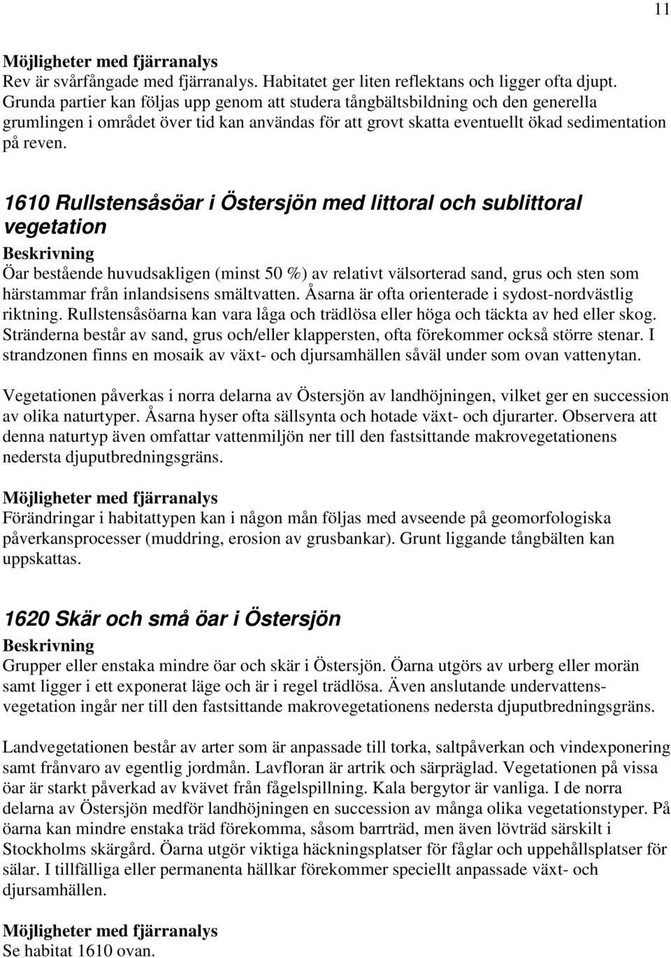 1610 Rullstensåsöar i Östersjön med littoral och sublittoral vegetation Beskrivning Öar bestående huvudsakligen (minst 50 %) av relativt välsorterad sand, grus och sten som härstammar från