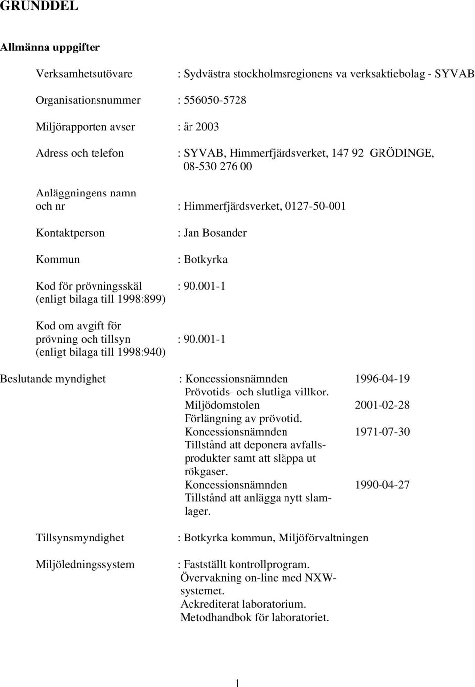 001-1 (enligt bilaga till 1998:899) Kod om avgift för prövning och tillsyn : 90.