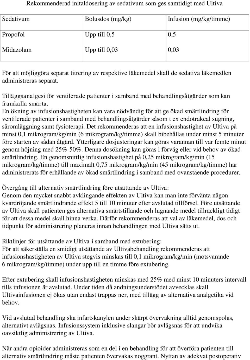 En ökning av infusionshastigheten kan vara nödvändig för att ge ökad smärtlindring för ventilerade patienter i samband med behandlingsåtgärder såsom t ex endotrakeal sugning, såromläggning samt