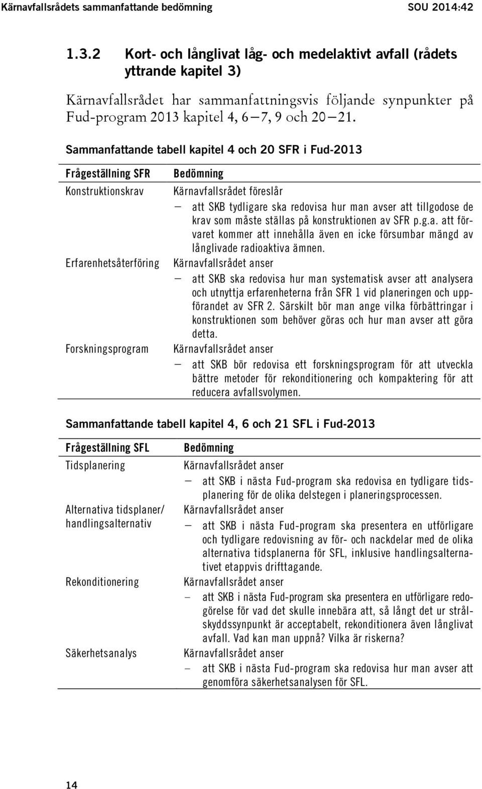 Sammanfattande tabell kapitel 4 och 20 SFR i Fud-2013 Frågeställning SFR Konstruktionskrav Erfarenhetsåterföring Forskningsprogram Bedömning Kärnavfallsrådet föreslår - att SKB tydligare ska redovisa