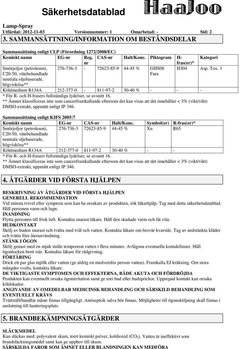 1 C2050, vätebehandlade neutrala oljebaserade, högviskösa** Fara Köldmedium R134A 2123770 811972 3040 % * För R och Hfrasers fullständiga lydelser, se avsnitt 16.