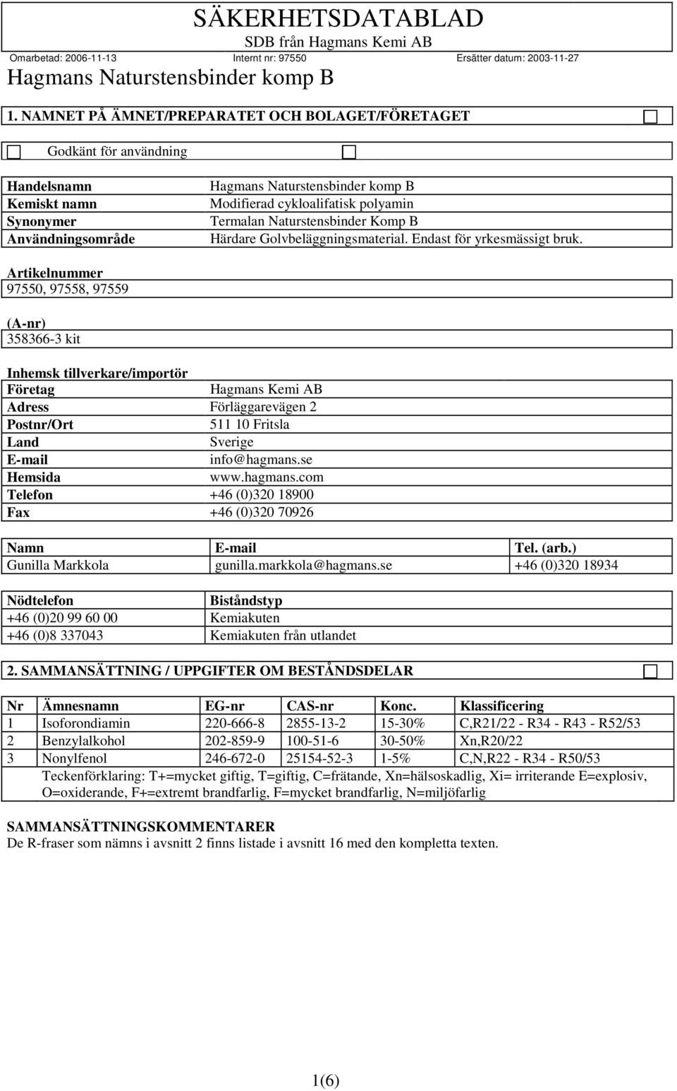 Artikelnummer 97550, 97558, 97559 (A-nr) 358366-3 kit Inhemsk tillverkare/importör Företag Hagmans Kemi AB Adress Förläggarevägen 2 Postnr/Ort 511 10 Fritsla Land Sverige E-mail info@hagmans.