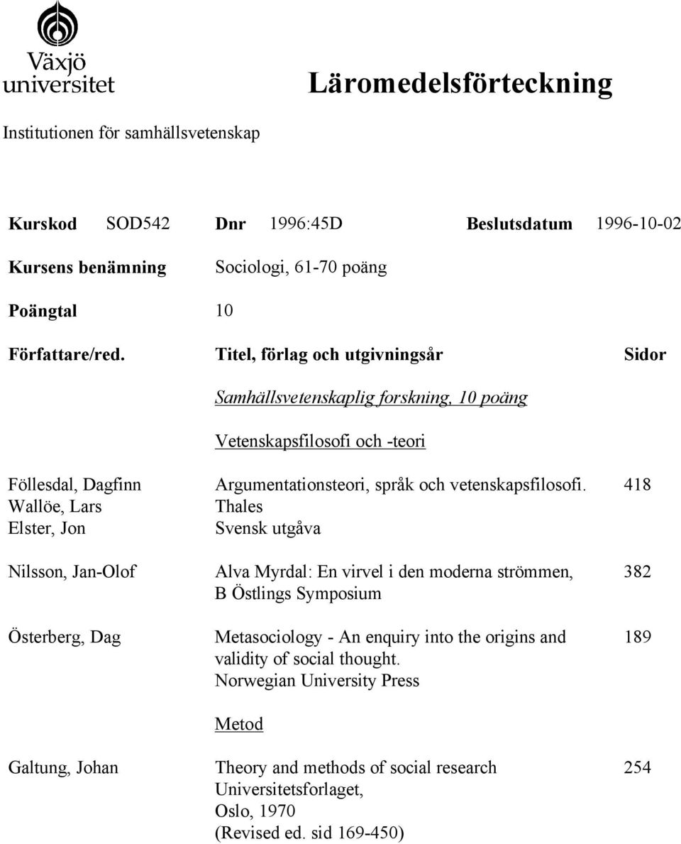 Galtung, Johan Argumentationsteori, språk och vetenskapsfilosofi.