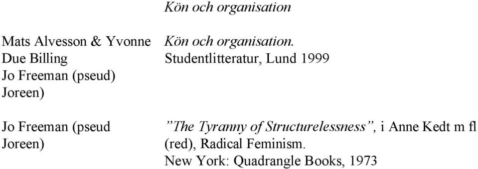 Studentlitteratur, Lund 1999 The Tyranny of Structurelessness, i