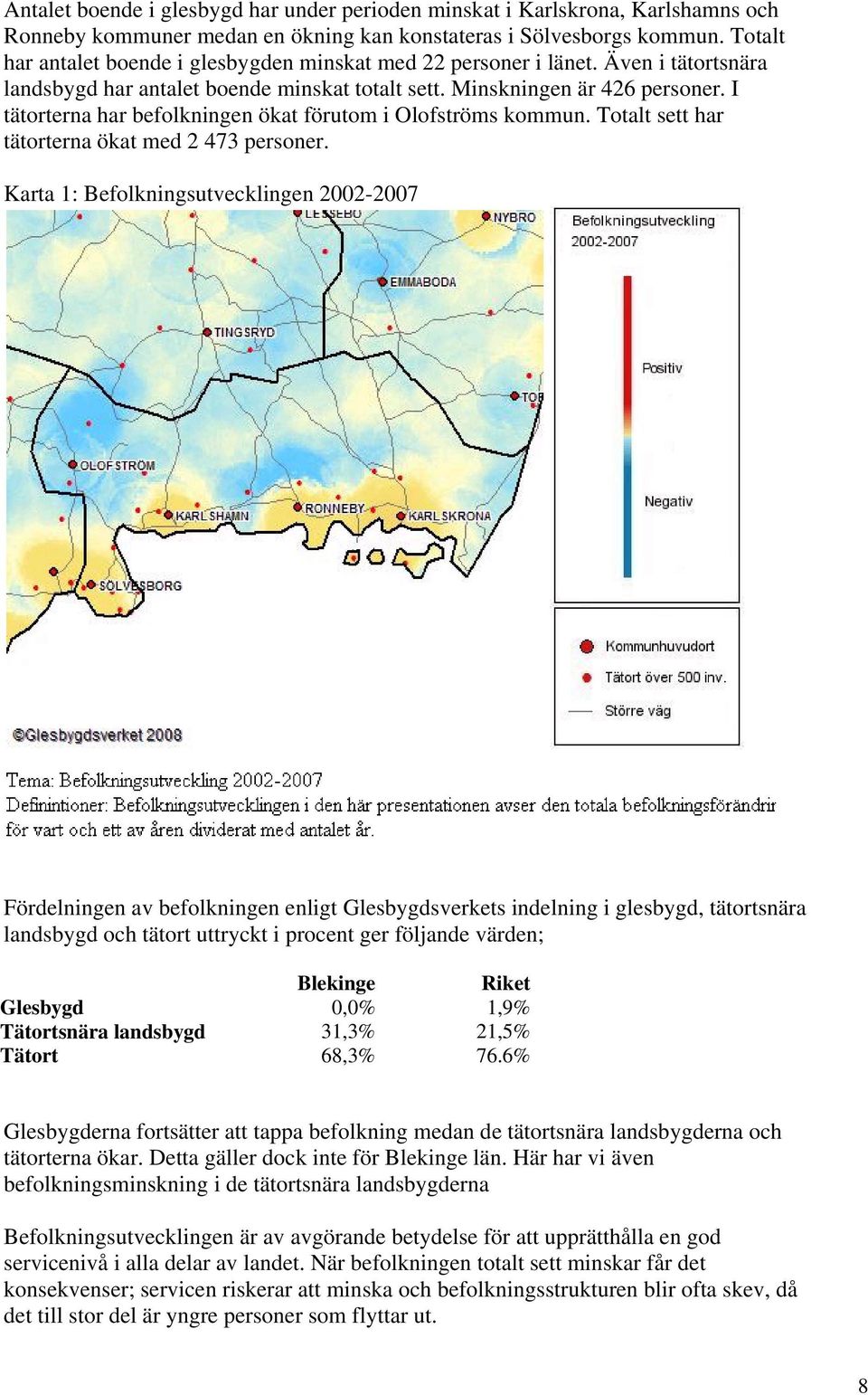 I tätorterna har befolkningen ökat förutom i Olofströms kommun. Totalt sett har tätorterna ökat med 2 473 personer.