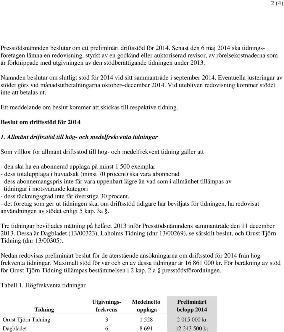 tidningen under 2013. Nämnden beslutar om slutligt stöd för 2014 vid sitt sammanträde i september 2014. Eventuella justeringar av stödet görs vid månadsutbetalningarna oktober december 2014.