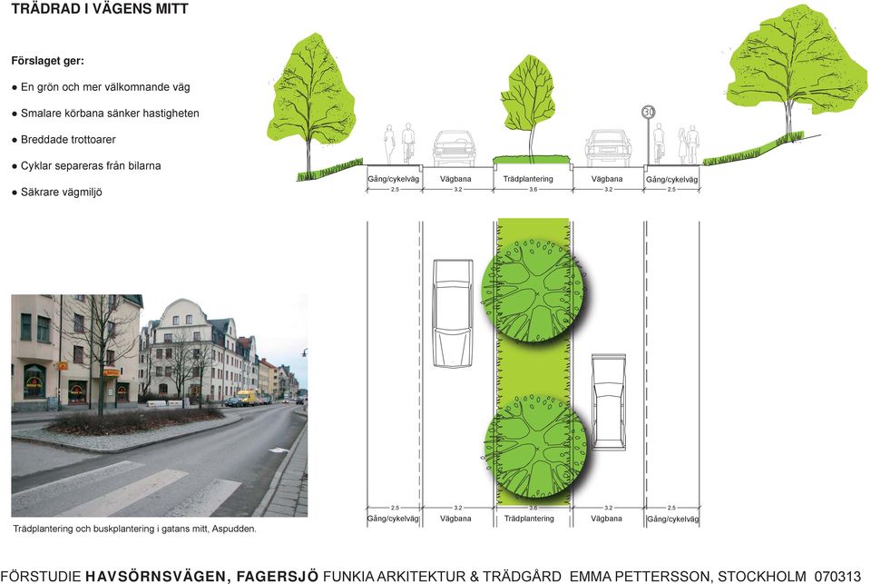 Vbaa Gåg/cykelv Trädplaterig och buskplaterig i gatas mitt, spudd.