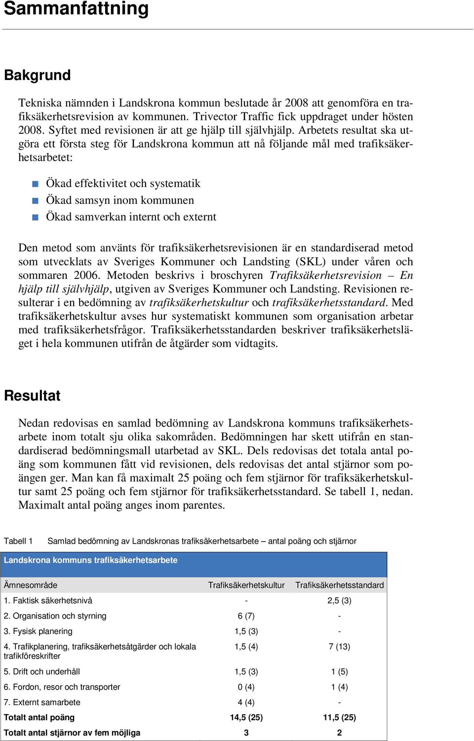 Arbetets resultat ska utgöra ett första steg för Landskrona kommun att nå följande mål med trafiksäkerhetsarbetet: Ökad effektivitet och systematik Ökad samsyn inom kommunen Ökad samverkan internt