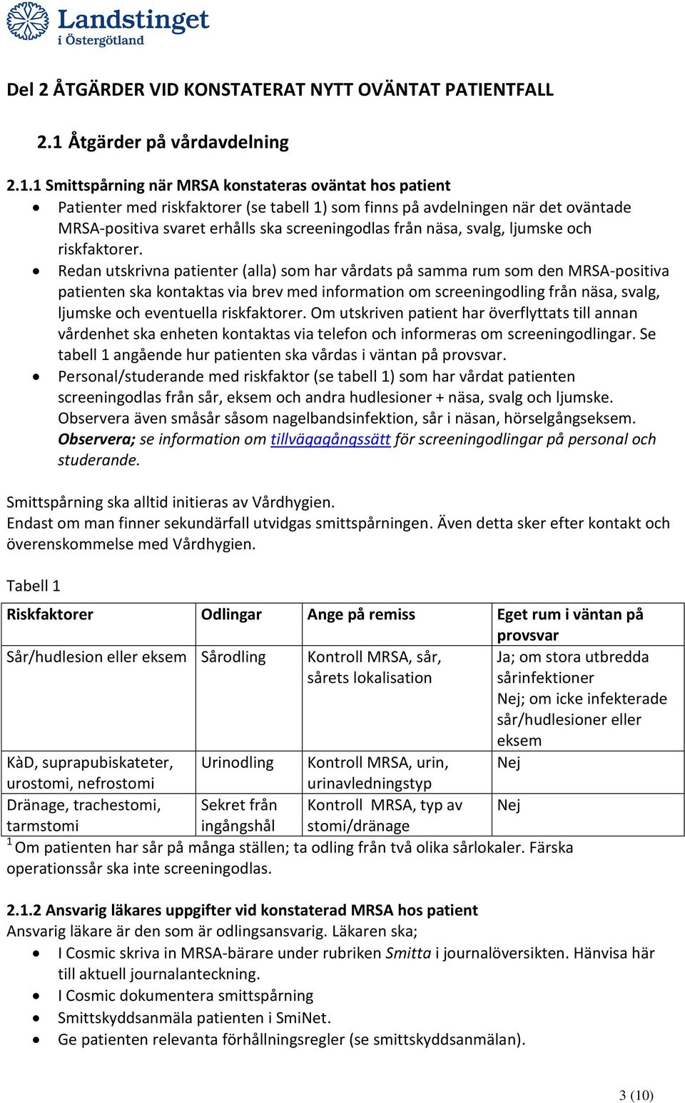 1 Smittspårning när MRSA konstateras oväntat hos patient Patienter med riskfaktorer (se tabell 1) som finns på avdelningen när det oväntade MRSA-positiva svaret erhålls ska screeningodlas från näsa,