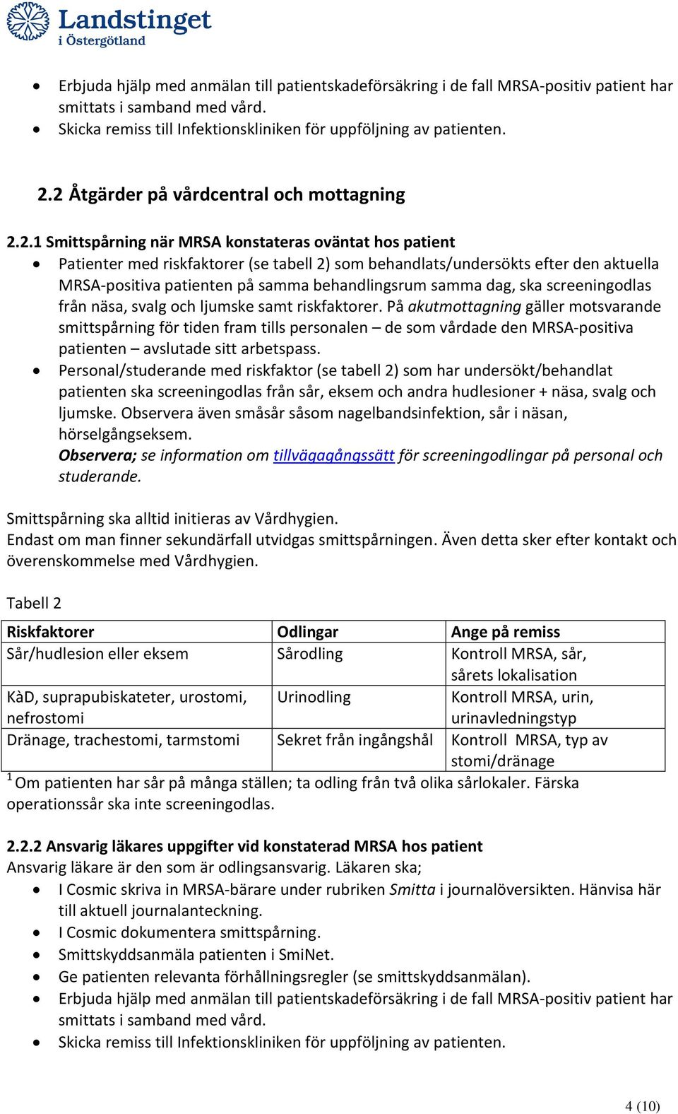 MRSA-positiva patienten på samma behandlingsrum samma dag, ska screeningodlas från näsa, svalg och ljumske samt riskfaktorer.