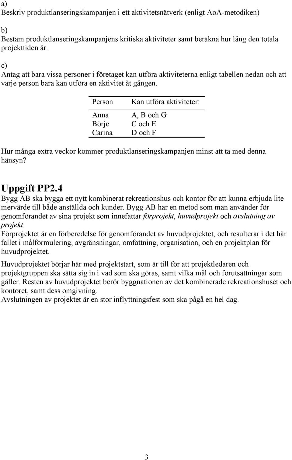 Person Anna Börje Carina Kan utföra aktiviteter: A, B och G C och E D och F Hur många extra veckor kommer produktlanseringskampanjen minst att ta med denna hänsyn? Uppgift PP2.