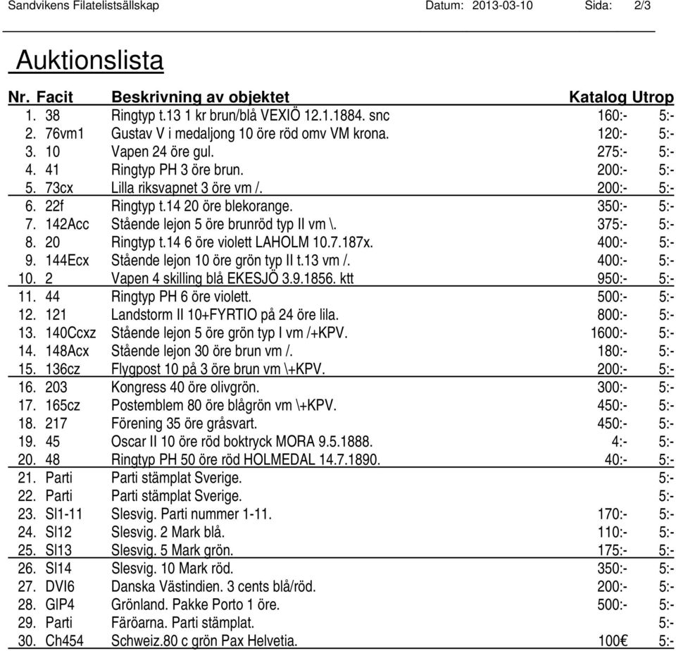 14 20 öre blekorange. 350:- 5:- 7. 142Acc Stående lejon 5 öre brunröd typ II vm \. 375:- 5:- 8. 20 Ringtyp t.14 6 öre violett LAHOLM 10.7.187x. 400:- 5:- 9. 144Ecx Stående lejon 10 öre grön typ II t.