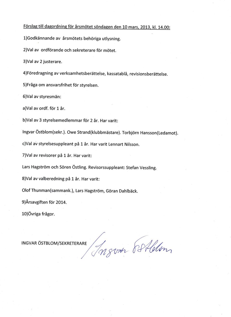 Har varit: Ingvar Östblom(sekr.). Owe Strand(klubbmästare). Torbjörn Hansson(Ledamot). c)val av styrelsesuppleant på 1 år. Har varit Lennart Nilsson. 7)Val av revisorer på L år.
