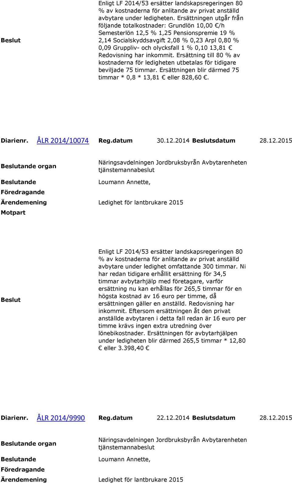 13,81 Redovisning har inkommit. Ersättning till 80 % av kostnaderna för ledigheten utbetalas för tidigare beviljade 75 timmar. Ersättningen blir därmed 75 timmar * 0,8 * 13,81 eller 828,60. Diarienr.