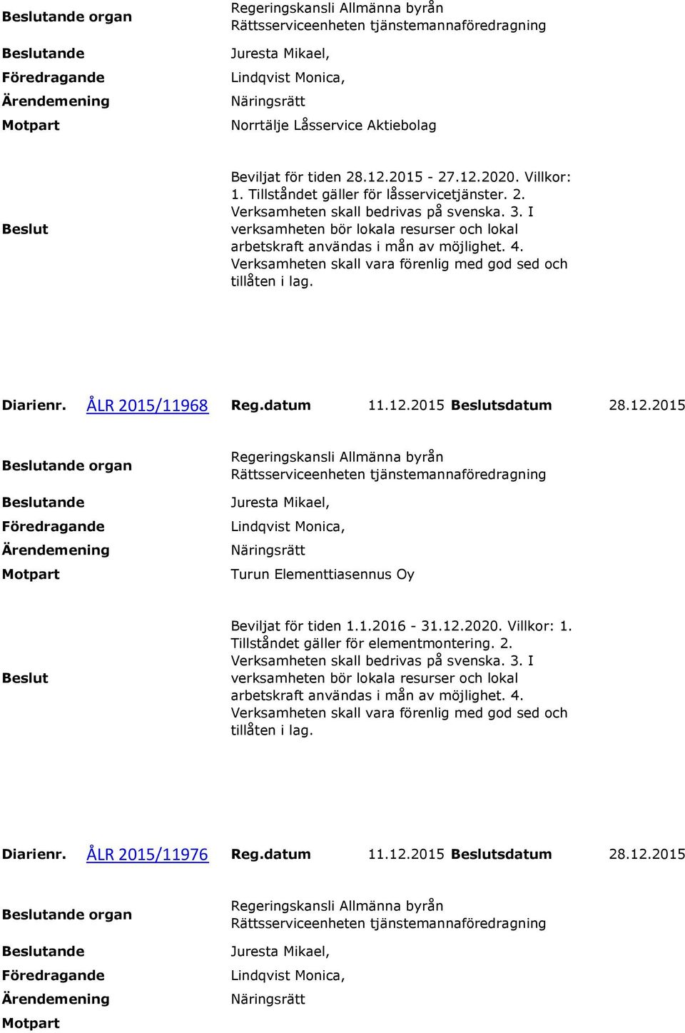 2015 sdatum 28.12.2015 organ Turun Elementtiasennus Oy Beviljat för tiden 1.1.2016-31.12.2020. Villkor: 1.