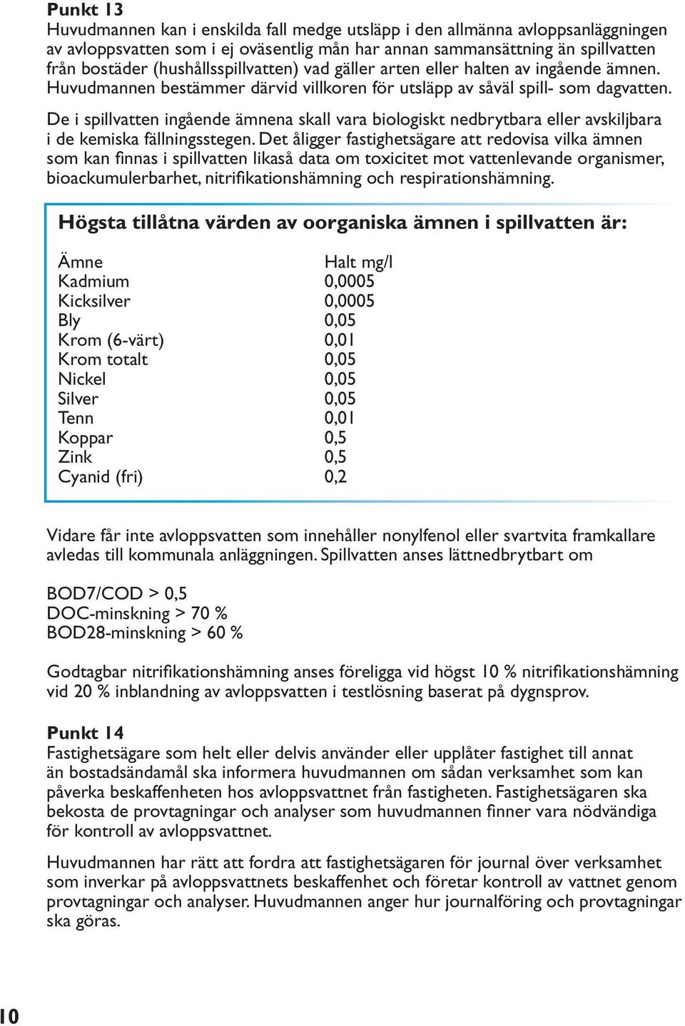 De i spillvatten ingående ämnena skall vara biologiskt nedbrytbara eller avskiljbara i de kemiska fällningsstegen.