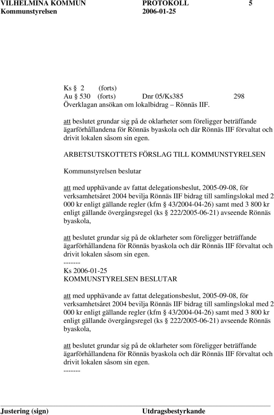 ARBETSUTSKOTTETS FÖRSLAG TILL KOMMUNSTYRELSEN Kommunstyrelsen beslutar att med upphävande av fattat delegationsbeslut, 2005-09-08, för verksamhetsåret 2004 bevilja Rönnäs IIF bidrag till