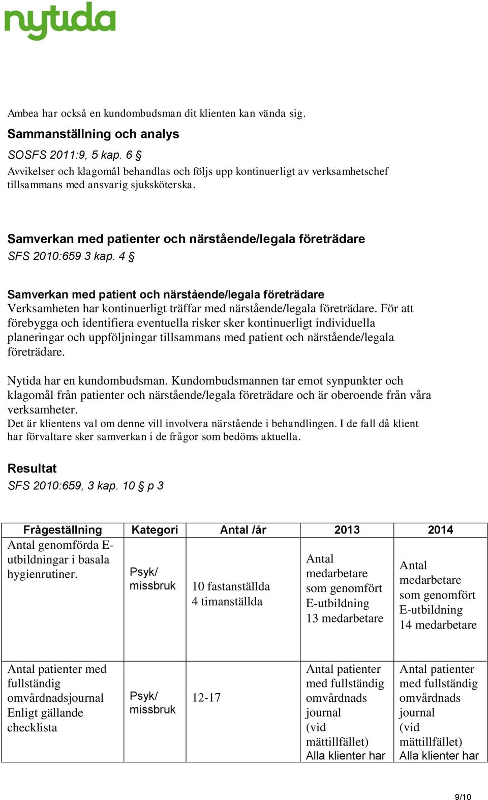 4 Samverkan med patient och närstående/legala företrädare Verksamheten har kontinuerligt träffar med närstående/legala företrädare.