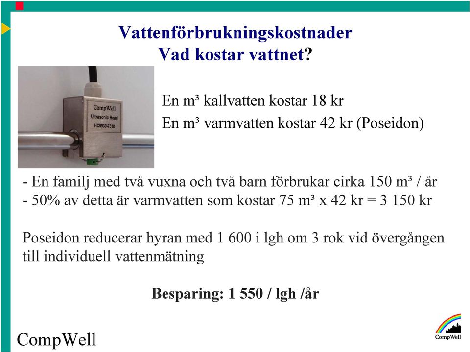 vuxna och två barn förbrukar cirka 150 m³ / år - 50% av detta är varmvatten som kostar 75 m³ x