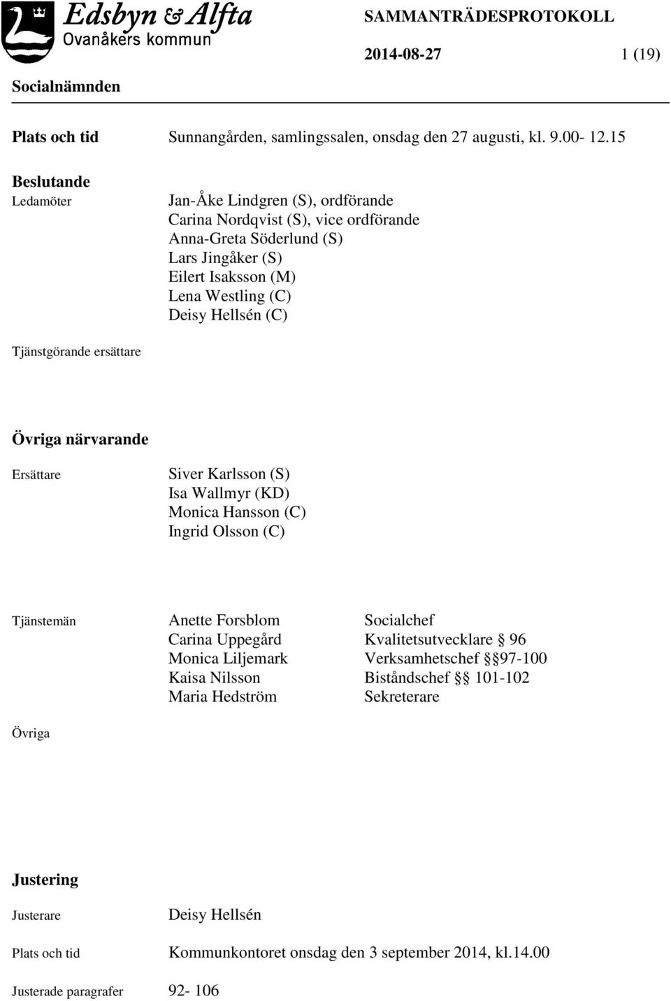 Hellsén (C) Tjänstgörande ersättare Övriga närvarande Ersättare Siver Karlsson (S) Isa Wallmyr (KD) Monica Hansson (C) Ingrid Olsson (C) Tjänstemän Anette Forsblom Socialchef Carina