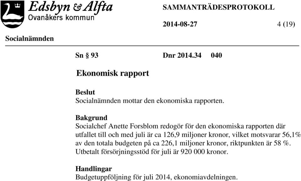 126,9 miljoner kronor, vilket motsvarar 56,1% av den totala budgeten på ca 226,1 miljoner kronor, riktpunkten