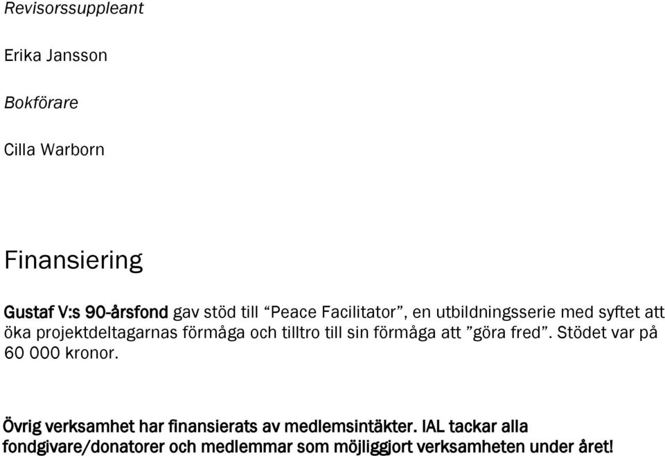 till sin förmåga att göra fred. Stödet var på 60 000 kronor.