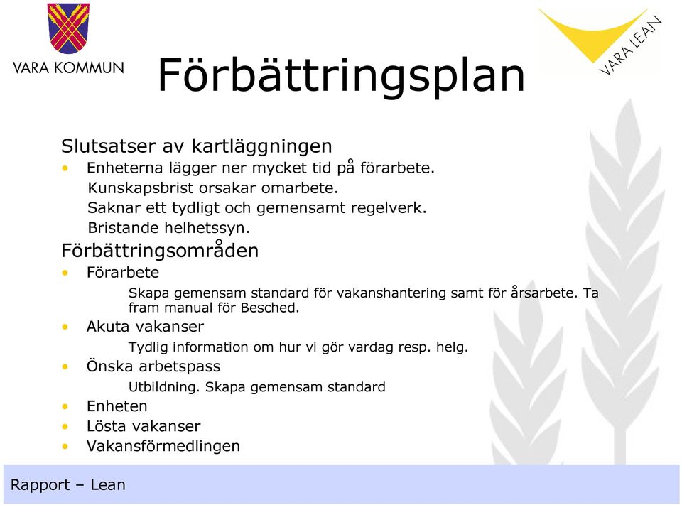 Förbättringsområden Förarbete Skapa gemensam standard för vakanshantering samt för årsarbete.