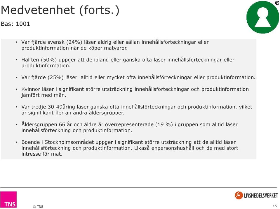 Var fjärde (25%) läser alltid eller mycket ofta innehållsförteckningar eller produktinformation.