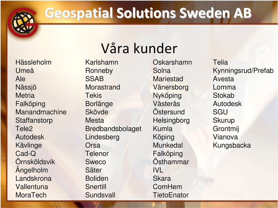 Bredbandsbolaget Lindesberg Orsa Telenor Sweco Säter Boliden Snertill Sundsvall Oskarshamn Solna Mariestad Vänersborg Nyköping Västerås Östersund