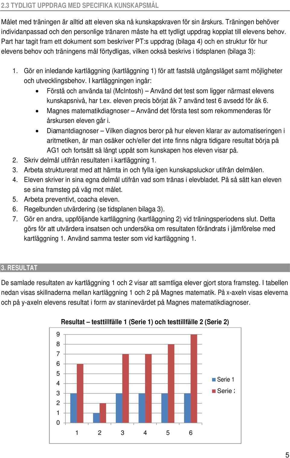 Part har tagit fram ett dokument som beskriver PT:s uppdrag (bilaga 4) och en struktur för hur elevens behov och träningens mål förtydligas, vilken också beskrivs i tidsplanen (bilaga 3): 1.