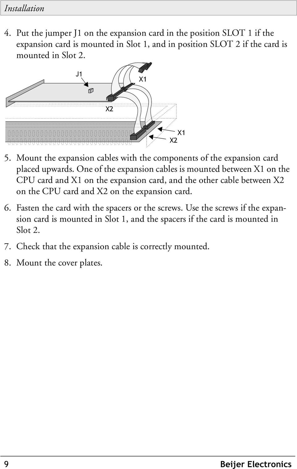 One of the expansion cables is mounted between X1 on the CPU card and X1 on the expansion card, and the other cable between X2 on the CPU card and X2 on the expansion card. 6.