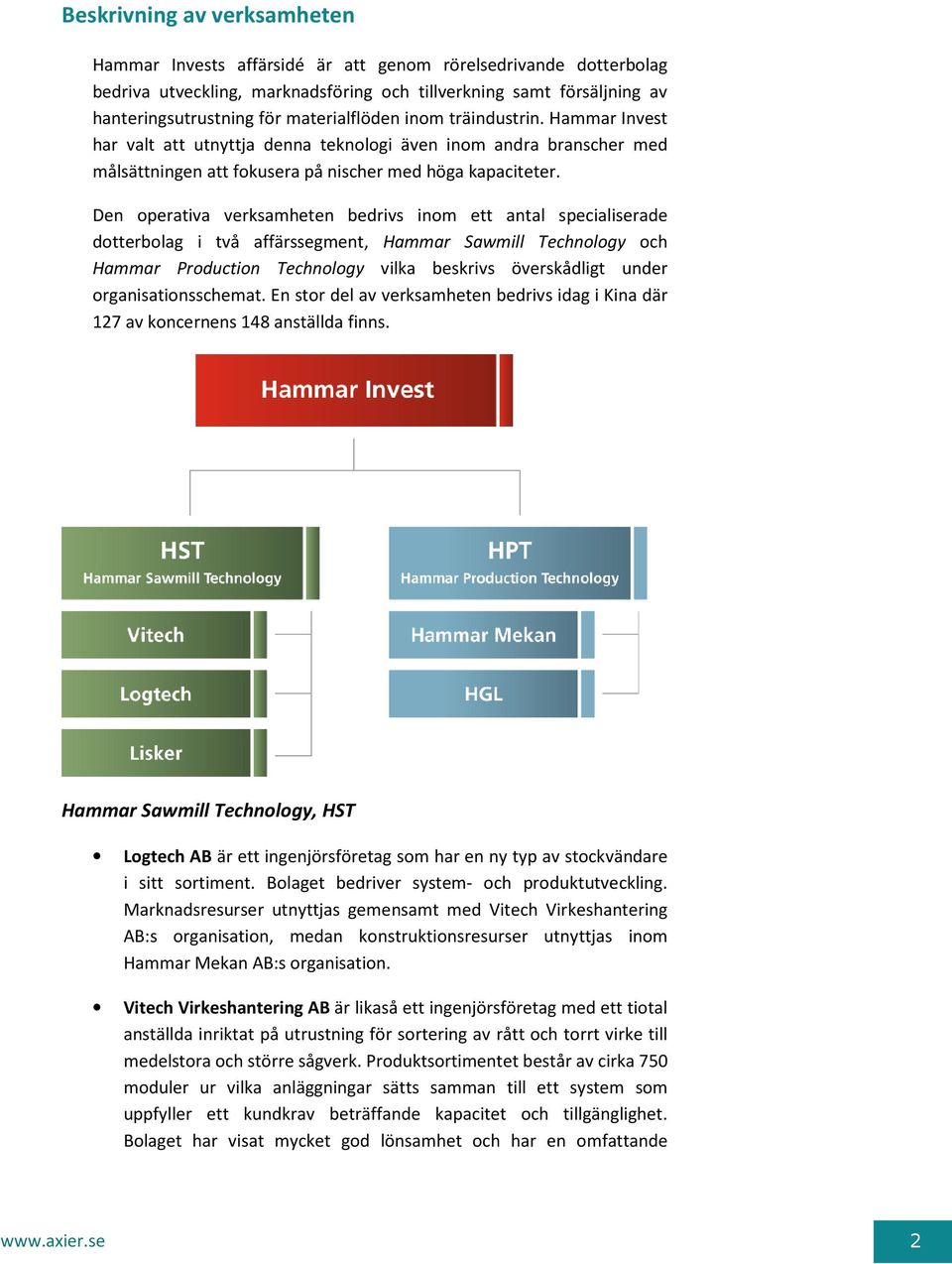 Den operativa verksamheten bedrivs inom ett antal specialiserade dotterbolag i två affärssegment, Hammar Sawmill Technology och Hammar Production Technology vilka beskrivs överskådligt under