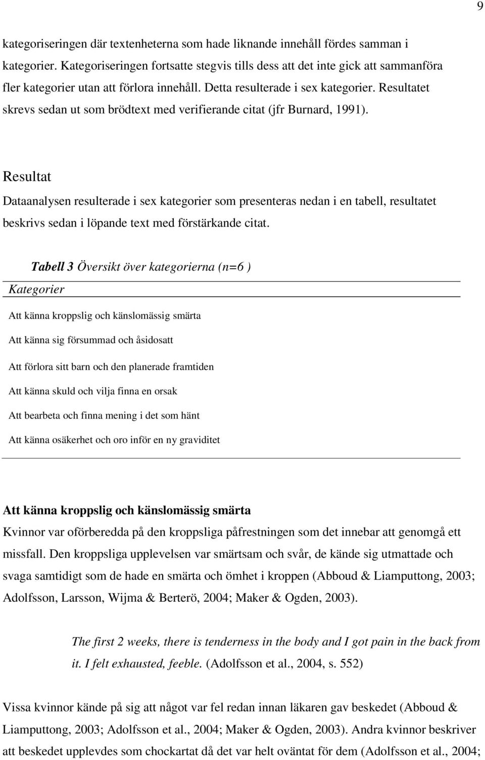 Resultatet skrevs sedan ut som brödtext med verifierande citat (jfr Burnard, 1991).