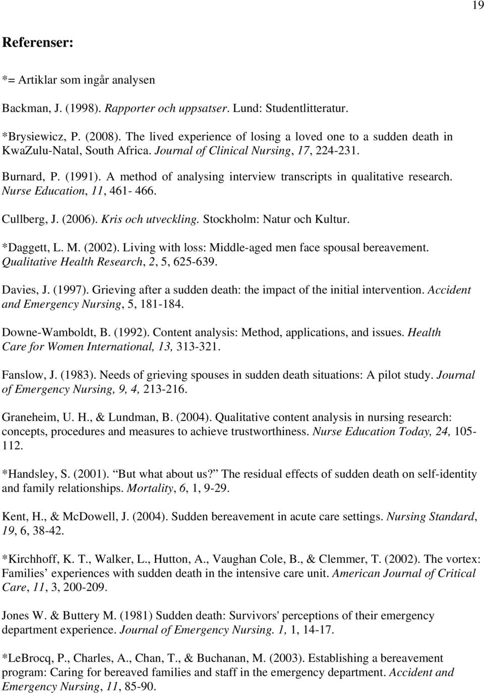 A method of analysing interview transcripts in qualitative research. Nurse Education, 11, 461-466. Cullberg, J. (2006). Kris och utveckling. Stockholm: Natur och Kultur. *Daggett, L. M. (2002).