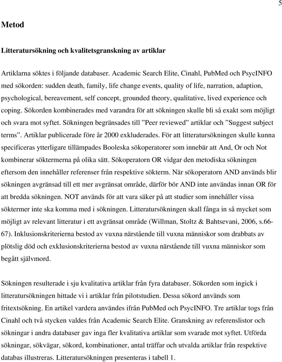 theory, qualitative, lived experience och coping. Sökorden kombinerades med varandra för att sökningen skulle bli så exakt som möjligt och svara mot syftet.