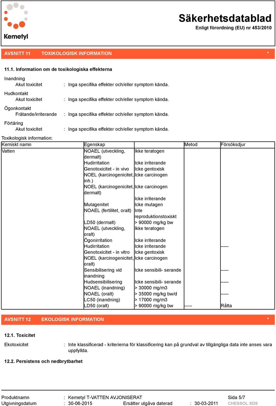 .1. Information om de toxikologiska effekterna Inandning Akut toxicitet Hudkontakt Akut toxicitet Ögonkontakt Frätande/irriterande Förtäring Akut toxicitet Toxikologisk information: Kemiskt namn