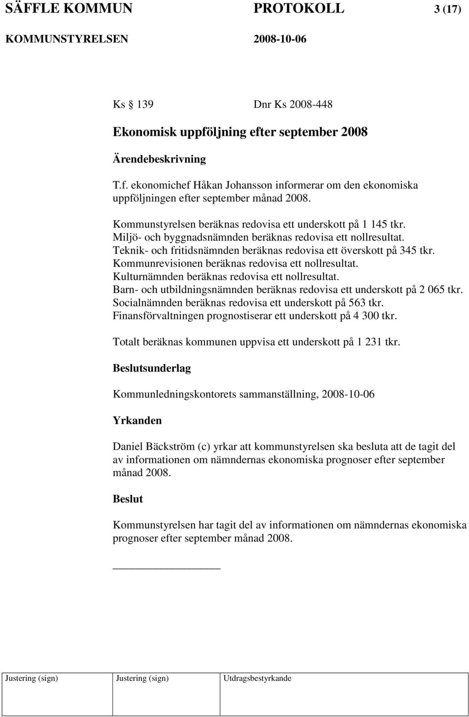 Kommunrevisionen beräknas redovisa ett nollresultat. Kulturnämnden beräknas redovisa ett nollresultat. Barn- och utbildningsnämnden beräknas redovisa ett underskott på 2 065 tkr.