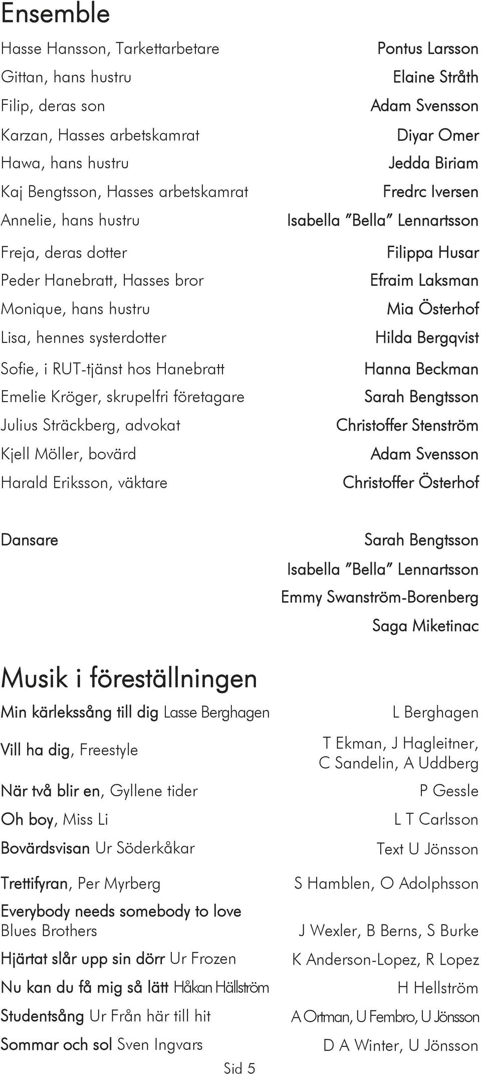 Harald Eriksson, väktare Pontus Larsson Elaine Stråth Adam Svensson Diyar Omer Jedda Biriam Fredrc Iversen Isabella Bella Lennartsson Filippa Husar Efraim Laksman Mia Österhof Hilda Bergqvist Hanna