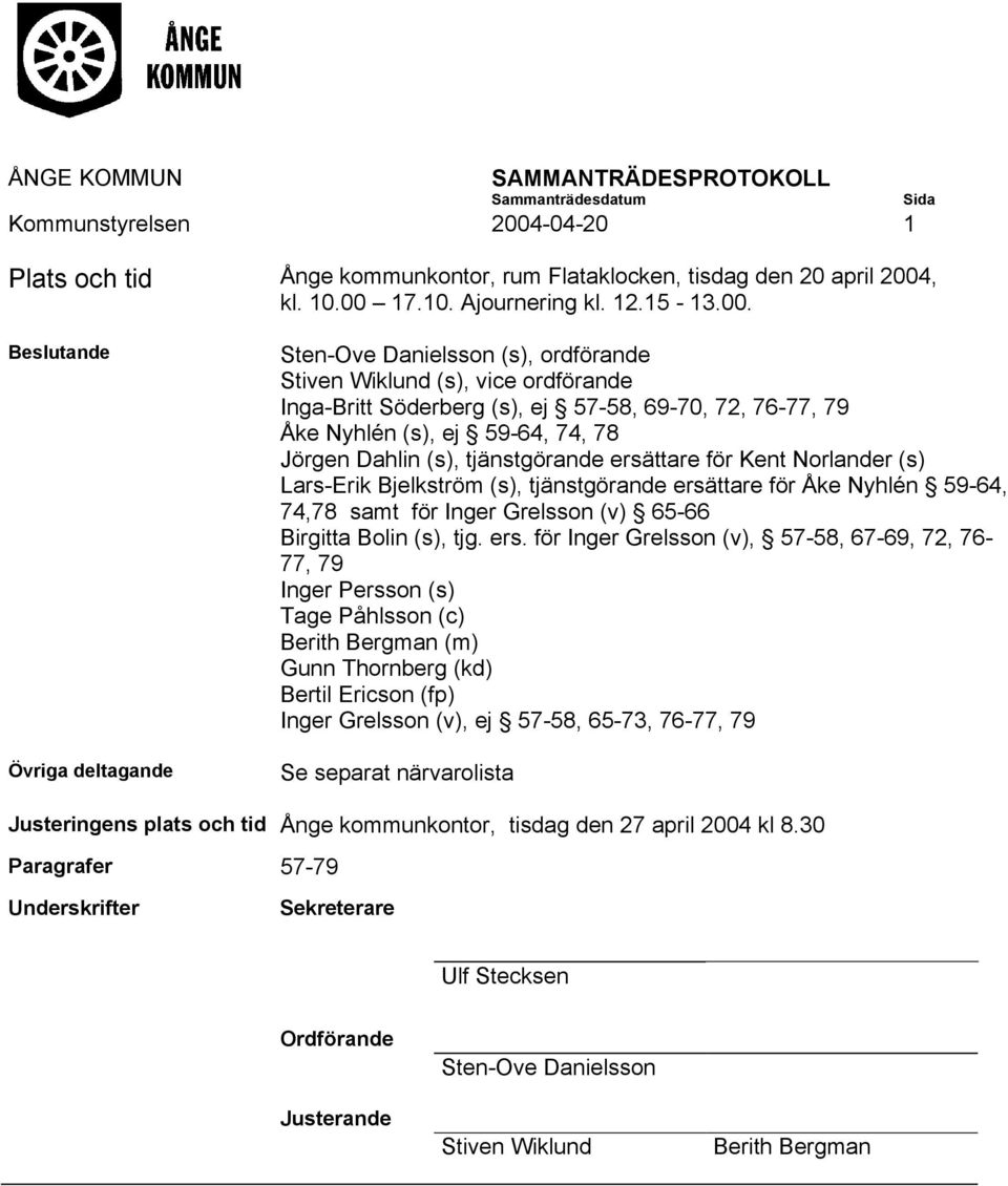 Jörgen Dahlin (s), tjänstgörande ersättare för Kent Norlander (s) Lars-Erik Bjelkström (s), tjänstgörande ersättare för Åke Nyhlén 59-64, 74,78 samt för Inger Grelsson (v) 65-66 Birgitta Bolin (s),