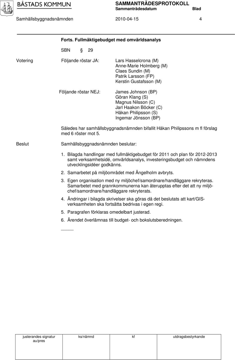 James Johnson (BP) Göran Klang (S) Magnus Nilsson (C) Jarl Haakon Böcker (C) Håkan Philipsson (S) Ingemar Jönsson (BP) Således har samhällsbyggnadsnämnden bifallit Håkan Philipssons m fl förslag med