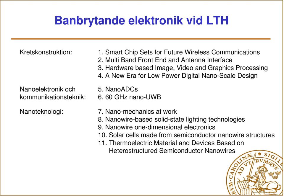 Hardware based Image, Video and Graphics Processing 4. A New Era for Low Power Digital Nano-Scale Design 5. NanoADCs 6. 60 GHz nano-uwb 7.