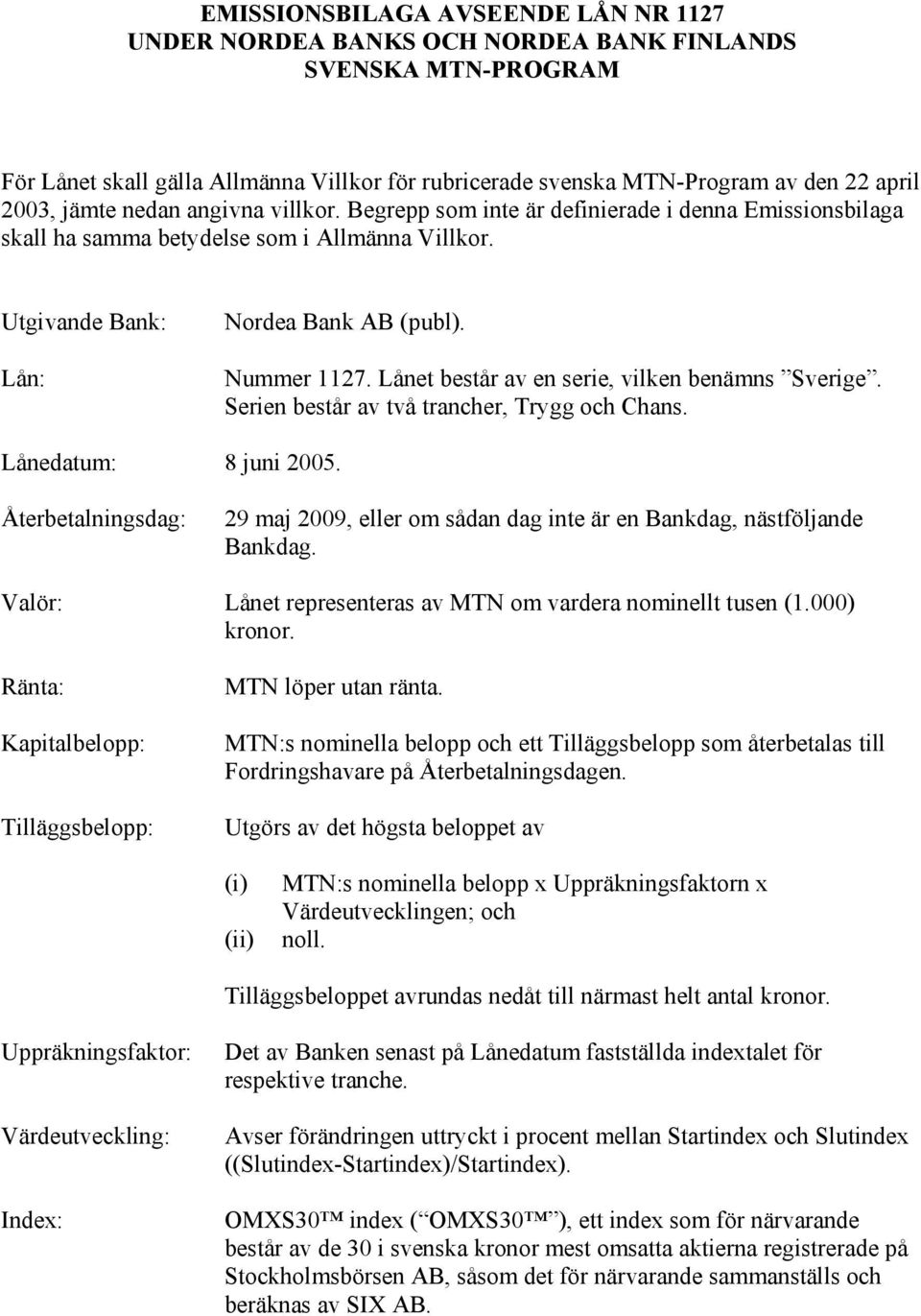 Lånet består av en serie, vilken benämns Sverige. Serien består av två trancher, Trygg och Chans. Lånedatum: 8 juni 2005.