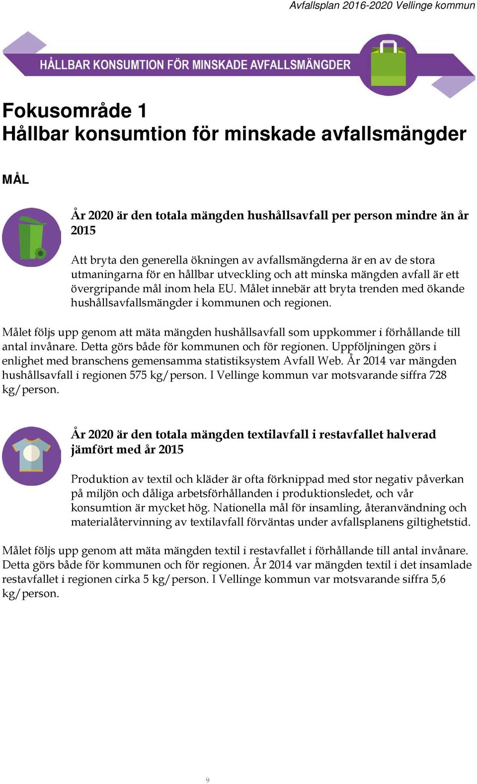 Målet innebär att bryta trenden med ökande hushållsavfallsmängder i kommunen och regionen. Målet följs upp genom att mäta mängden hushållsavfall som uppkommer i förhållande till antal invånare.