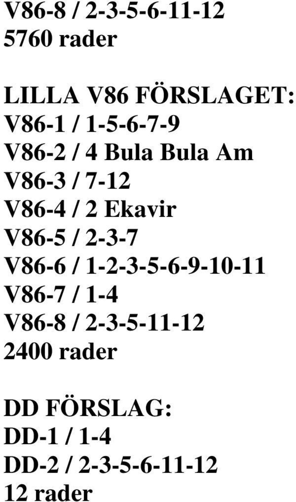 V86-5 / 2-3-7 V86-6 / 1-2-3-5-6-9-10-11 V86-7 / 1-4 V86-8 /