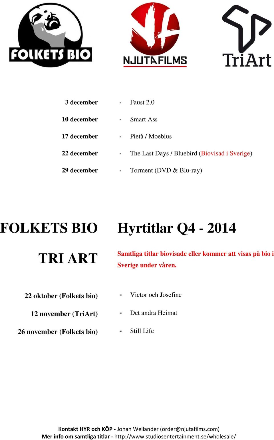 Blu-ray) FOLKETS BIO TRI ART Hyrtitlar Q4-2014 Samtliga titlar biovisade eller kommer att visas på bio i