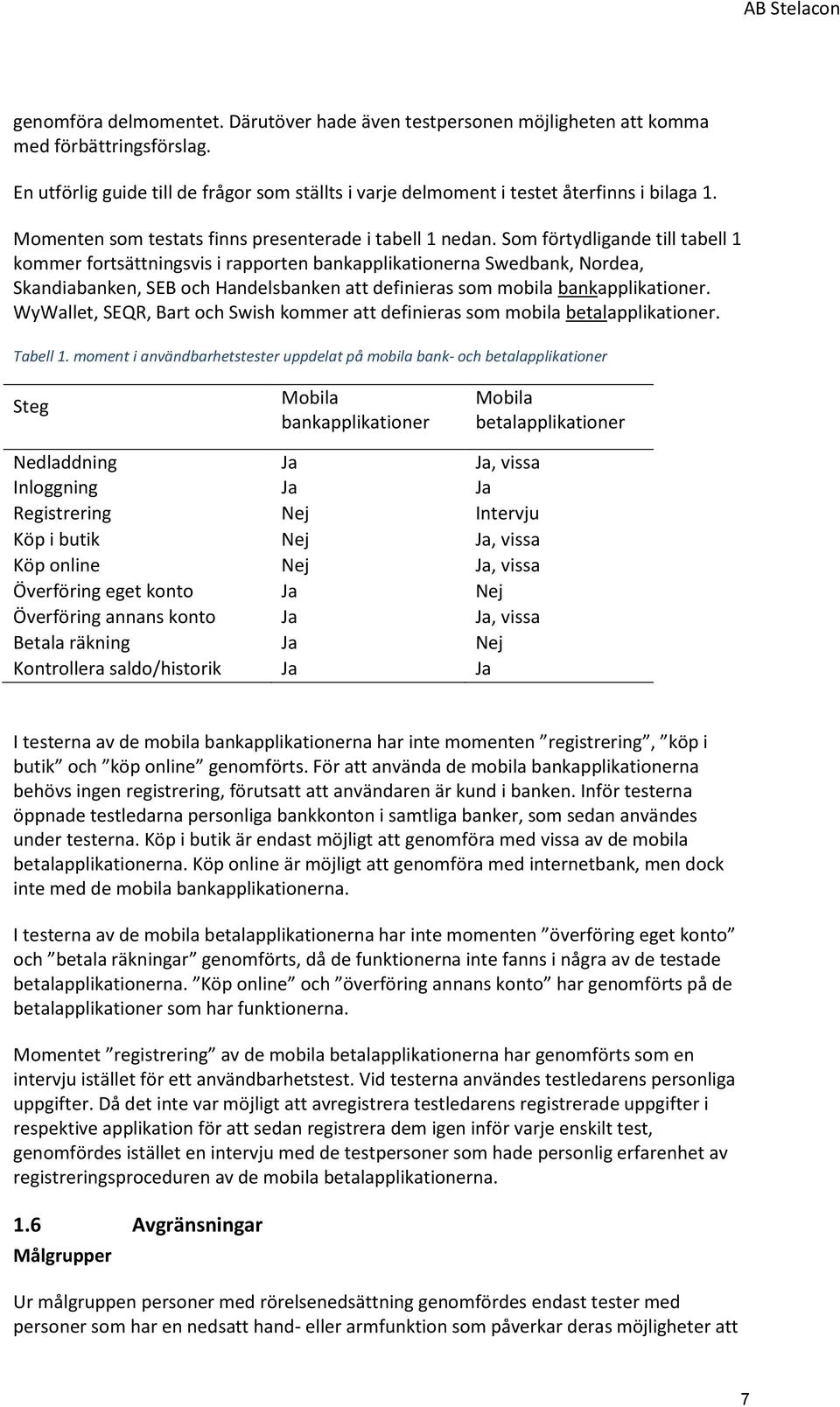 Som förtydligande till tabell 1 kommer fortsättningsvis i rapporten bankapplikationerna Swedbank, Nordea, Skandiabanken, SEB och Handelsbanken att definieras som mobila bankapplikationer.