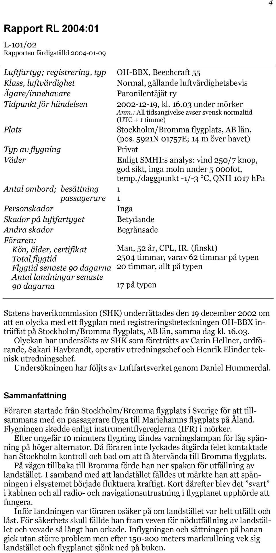 5921N 01757E; 14 m över havet) Typ av flygning Privat Väder Enligt SMHI:s analys: vind 250/7 knop, god sikt, inga moln under 5 000fot, temp.