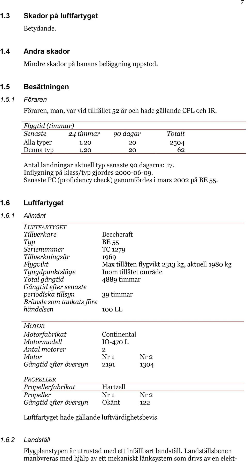 Senaste PC (proficiency check) genomfördes i mars 2002 på BE 55. 1.6 